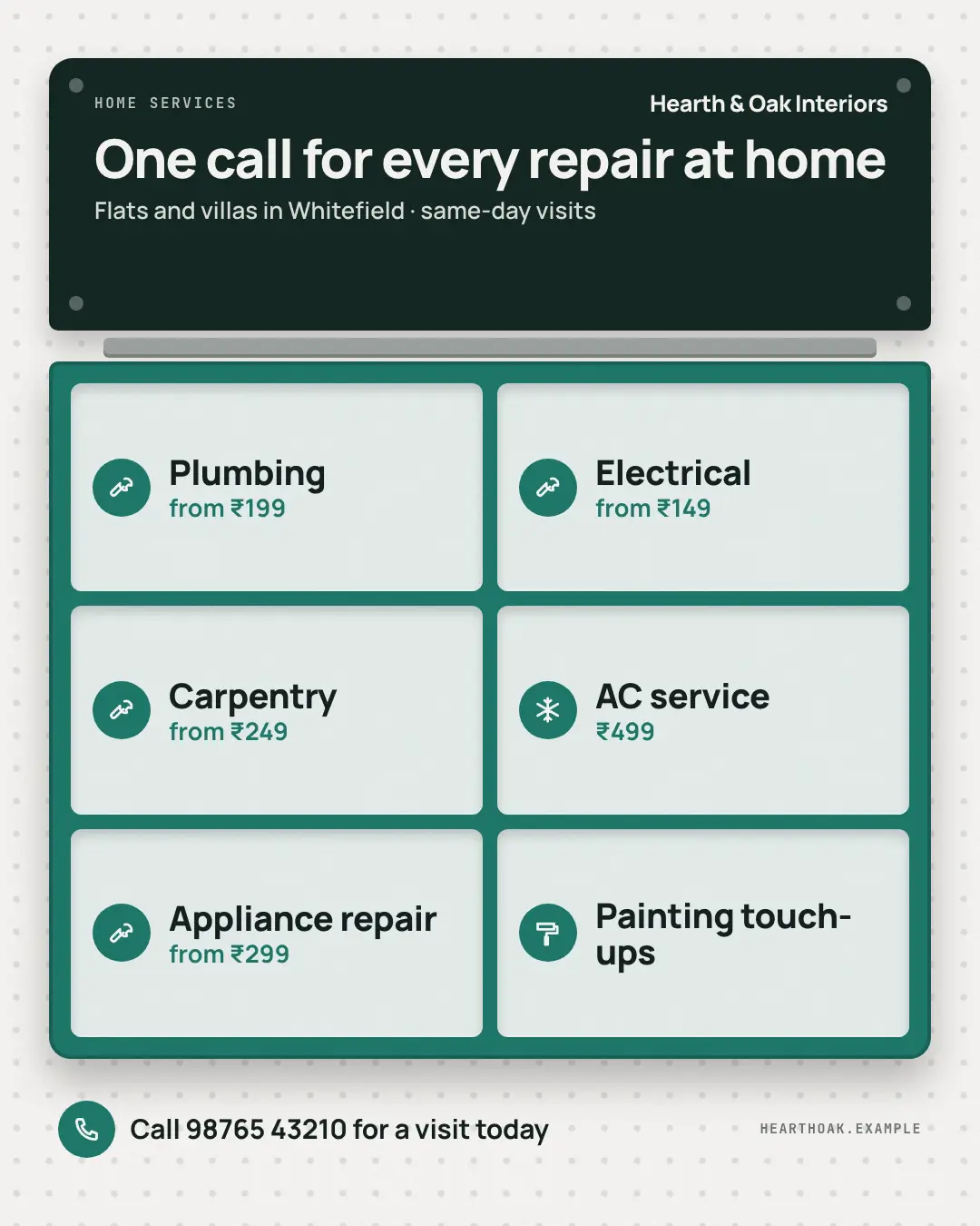 Sample Toolbox menu creative (Clinics, tutors, homestays & garages template), shown on the fictional brand Hearth & Oak Interiors