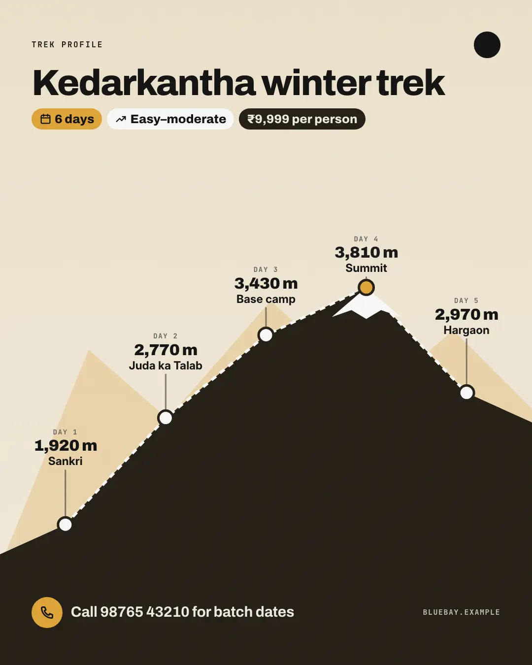 Sample Trek altitude ridge creative (Clinics, tutors, homestays & garages template), shown on the fictional brand Bluebay Stays