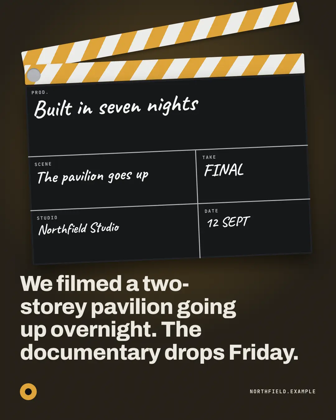 Sample Clapperboard slate creative (TV & broadcast template), shown on the fictional brand Northfield Studio