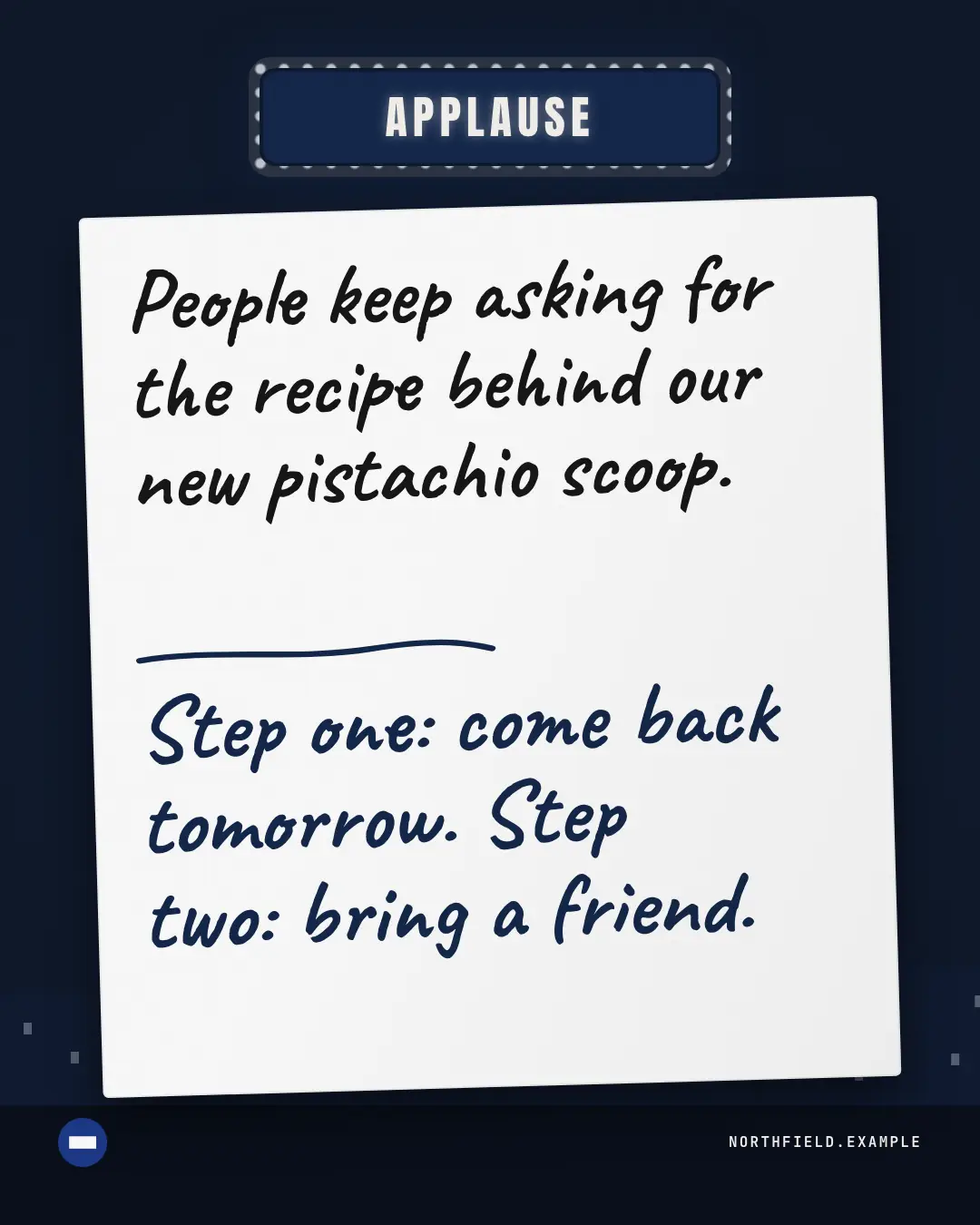 Sample Applause cue card creative (TV & broadcast template), shown on the fictional brand Northfield Studio