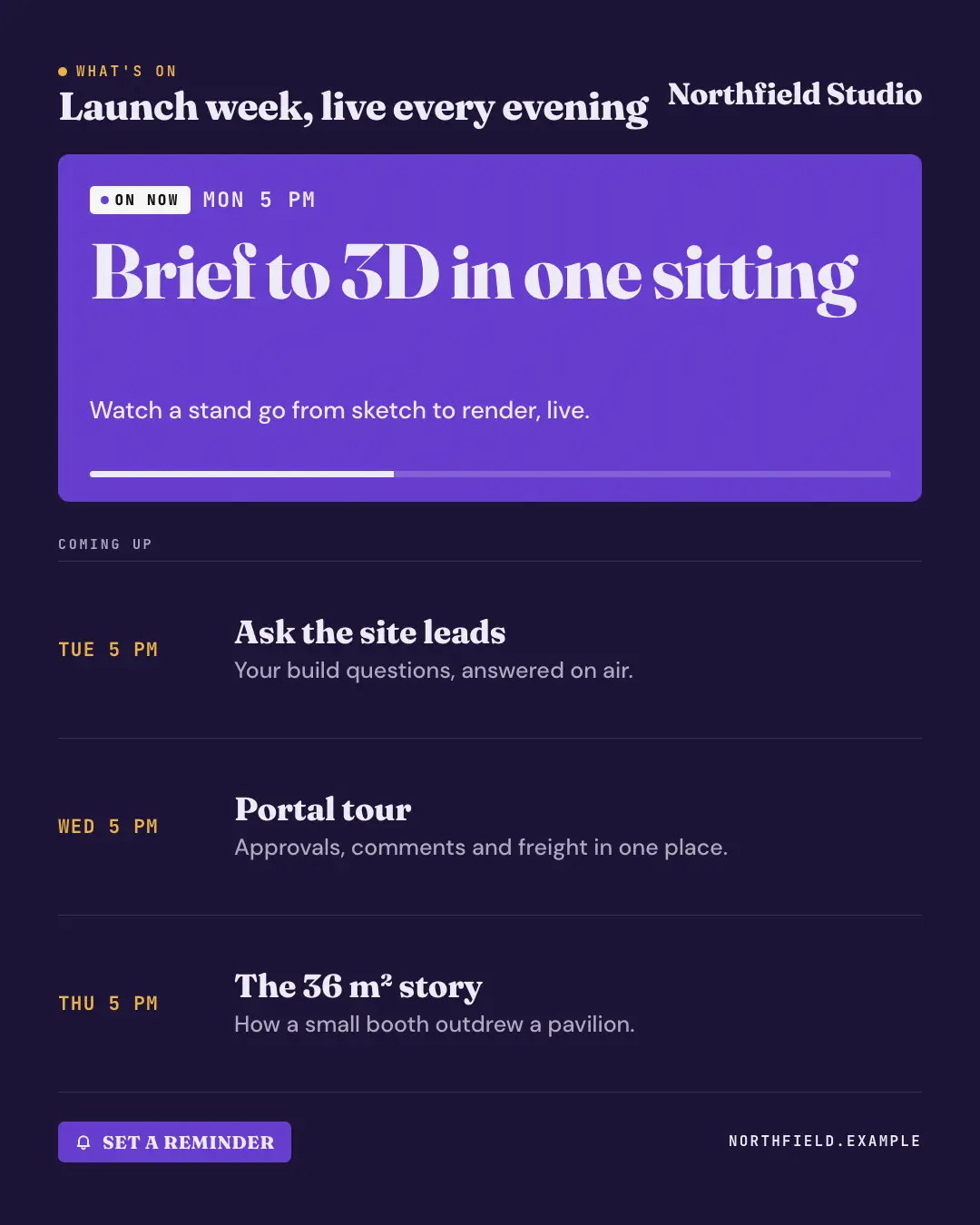 Sample TV listings: what's on creative (TV & broadcast template), shown on the fictional brand Northfield Studio