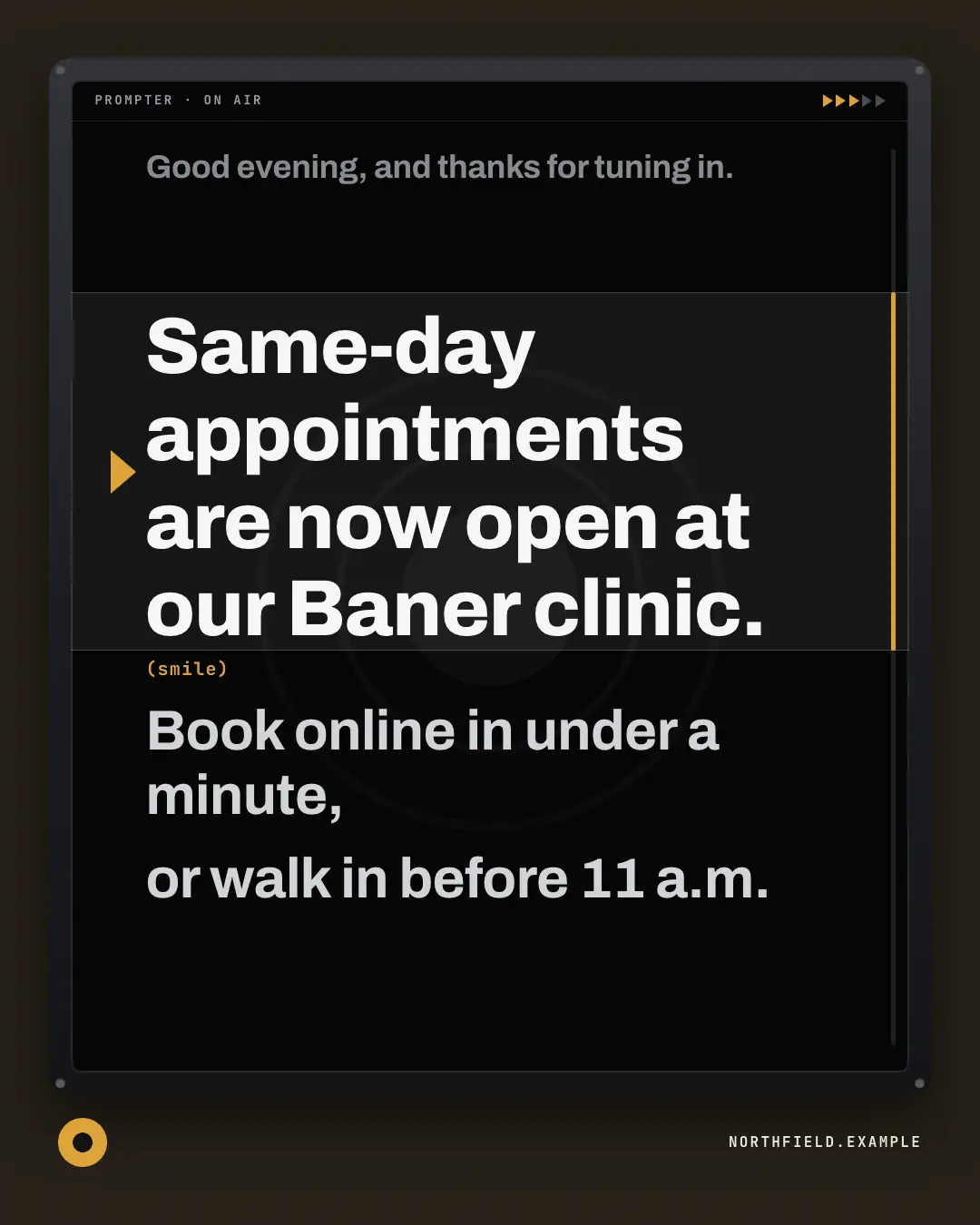 Sample Teleprompter creative (TV & broadcast template), shown on the fictional brand Northfield Studio