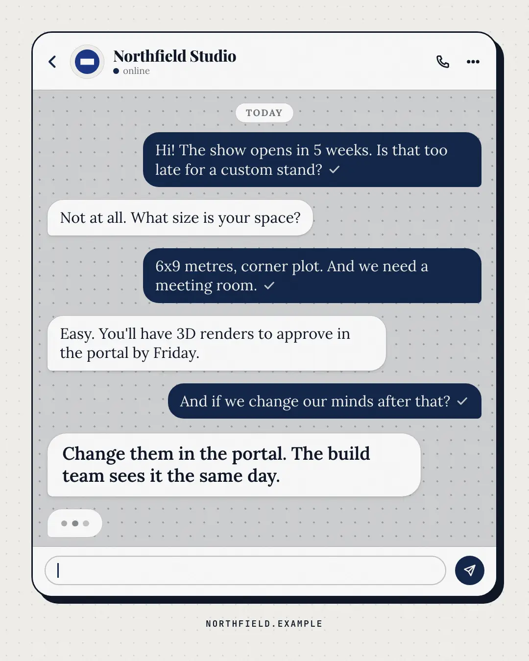 Sample Chat thread creative (UI mimic template), shown on the fictional brand Northfield Studio