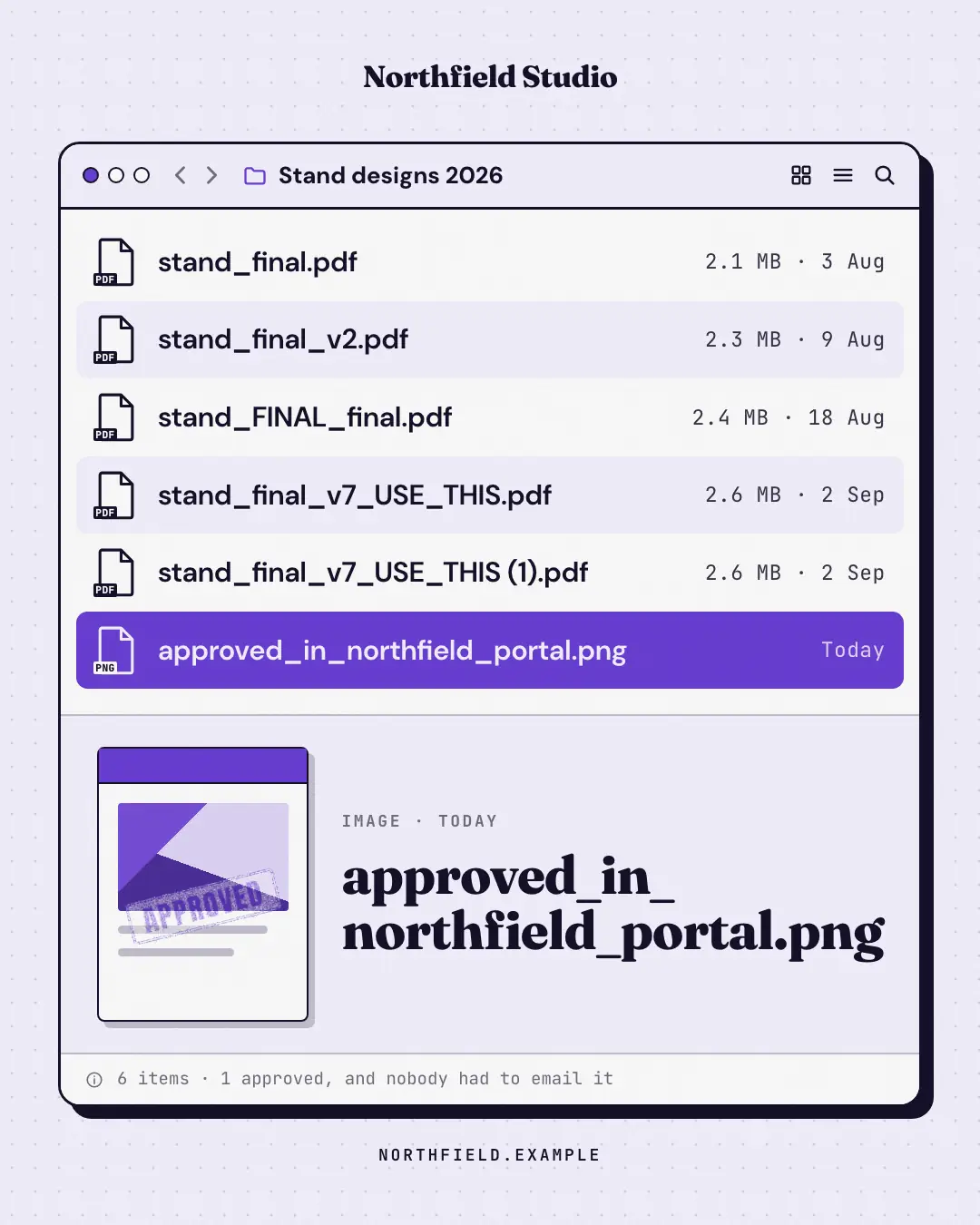 Sample File window creative (UI mimic template), shown on the fictional brand Northfield Studio