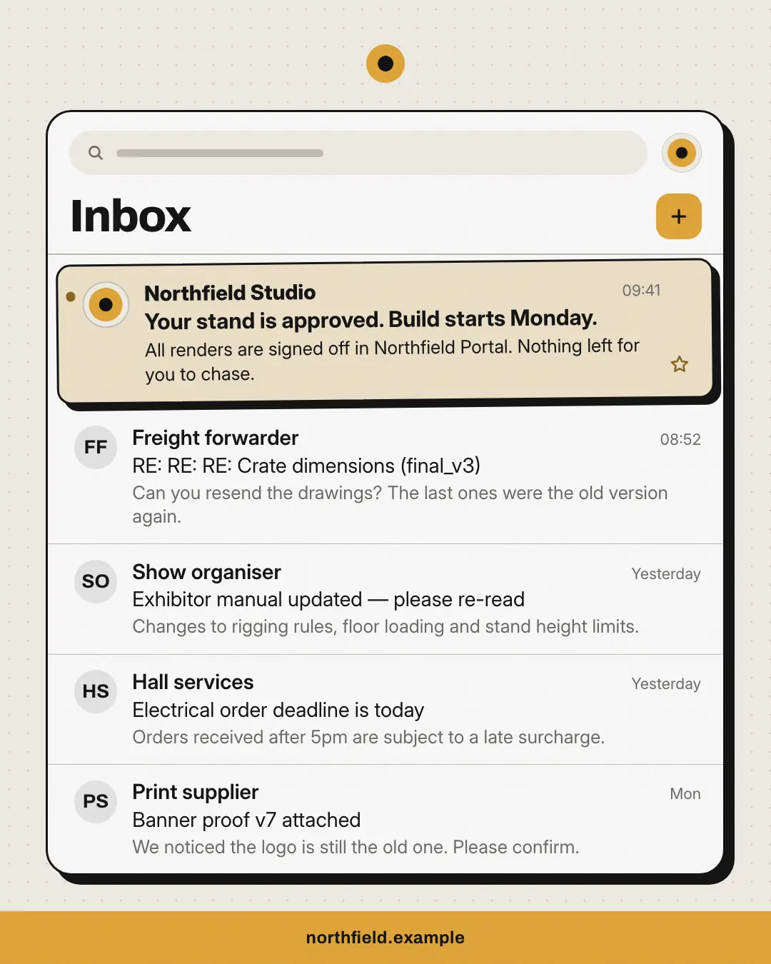 Sample Inbox creative (UI mimic template), shown on the fictional brand Northfield Studio