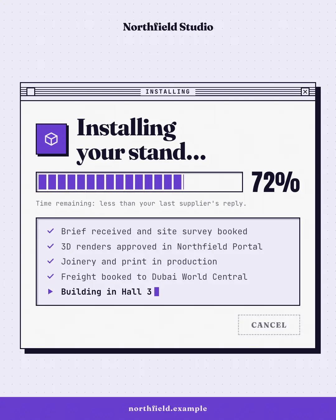 Sample Progress dialog creative (UI mimic template), shown on the fictional brand Northfield Studio