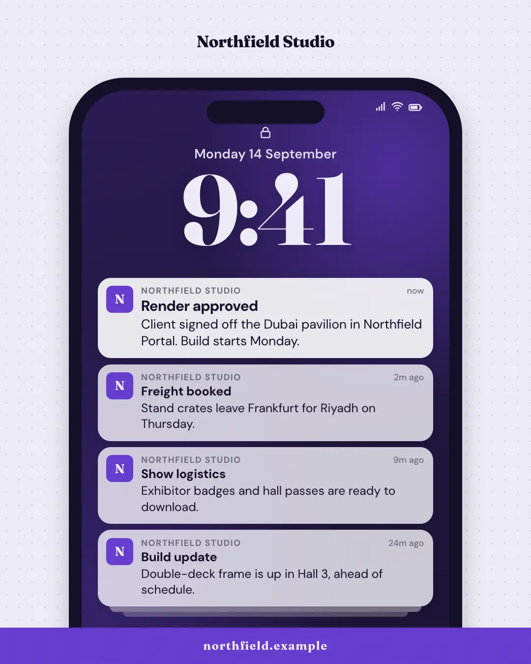 Sample Push notification stack creative (UI mimic template), shown on the fictional brand Northfield Studio