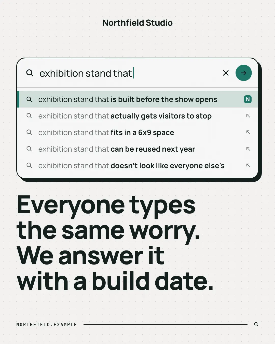 Sample Search autocomplete creative (UI mimic template), shown on the fictional brand Northfield Studio