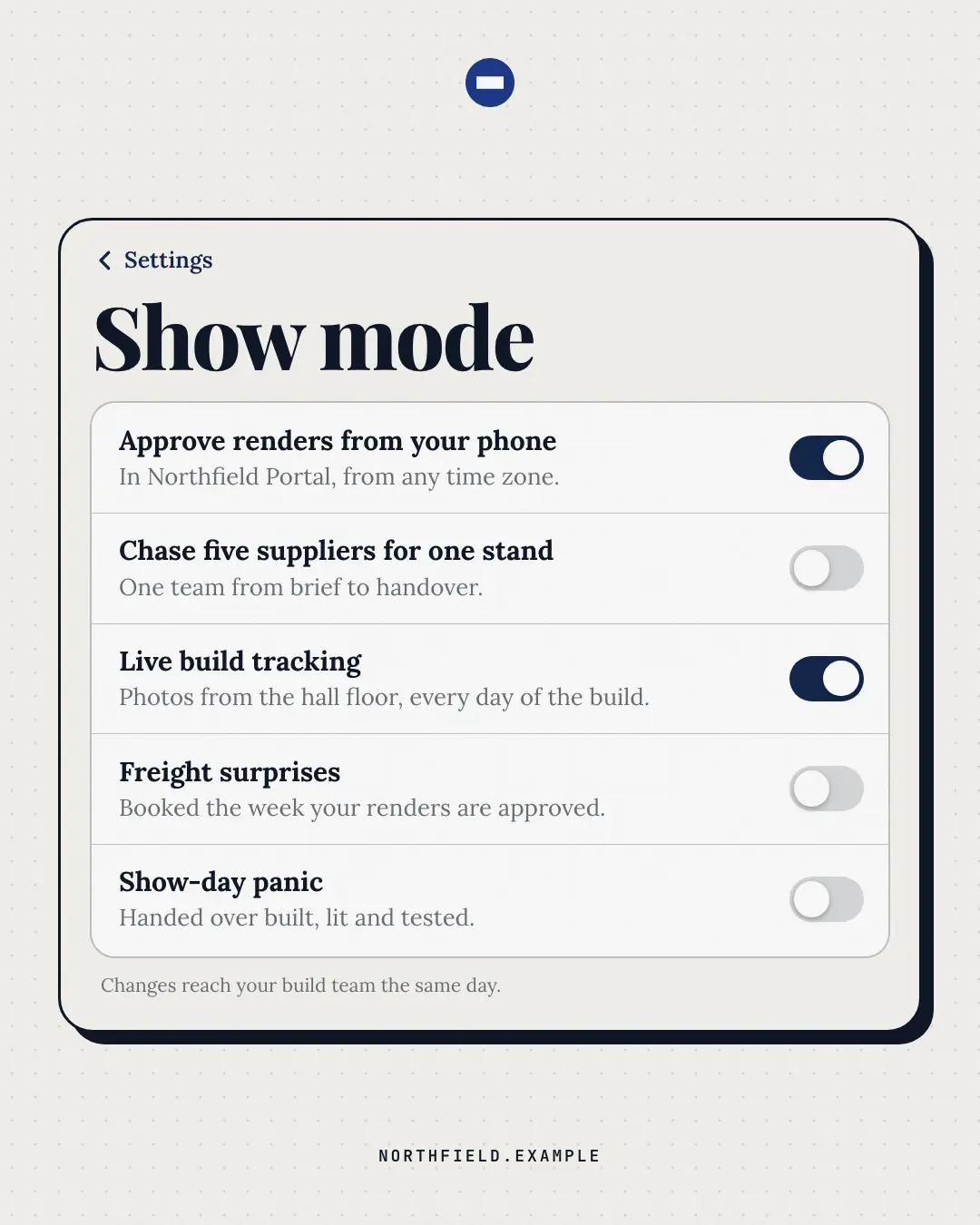 Sample Settings toggles creative (UI mimic template), shown on the fictional brand Northfield Studio
