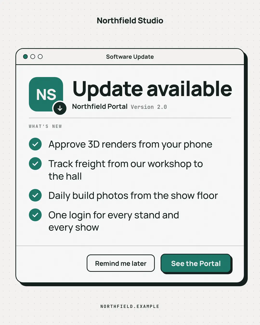Sample Update available creative (UI mimic template), shown on the fictional brand Northfield Studio