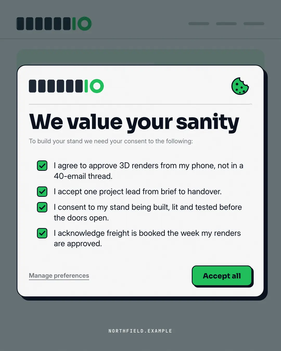 Sample Consent modal creative (UI mimic template), shown on the fictional brand Northfield Studio