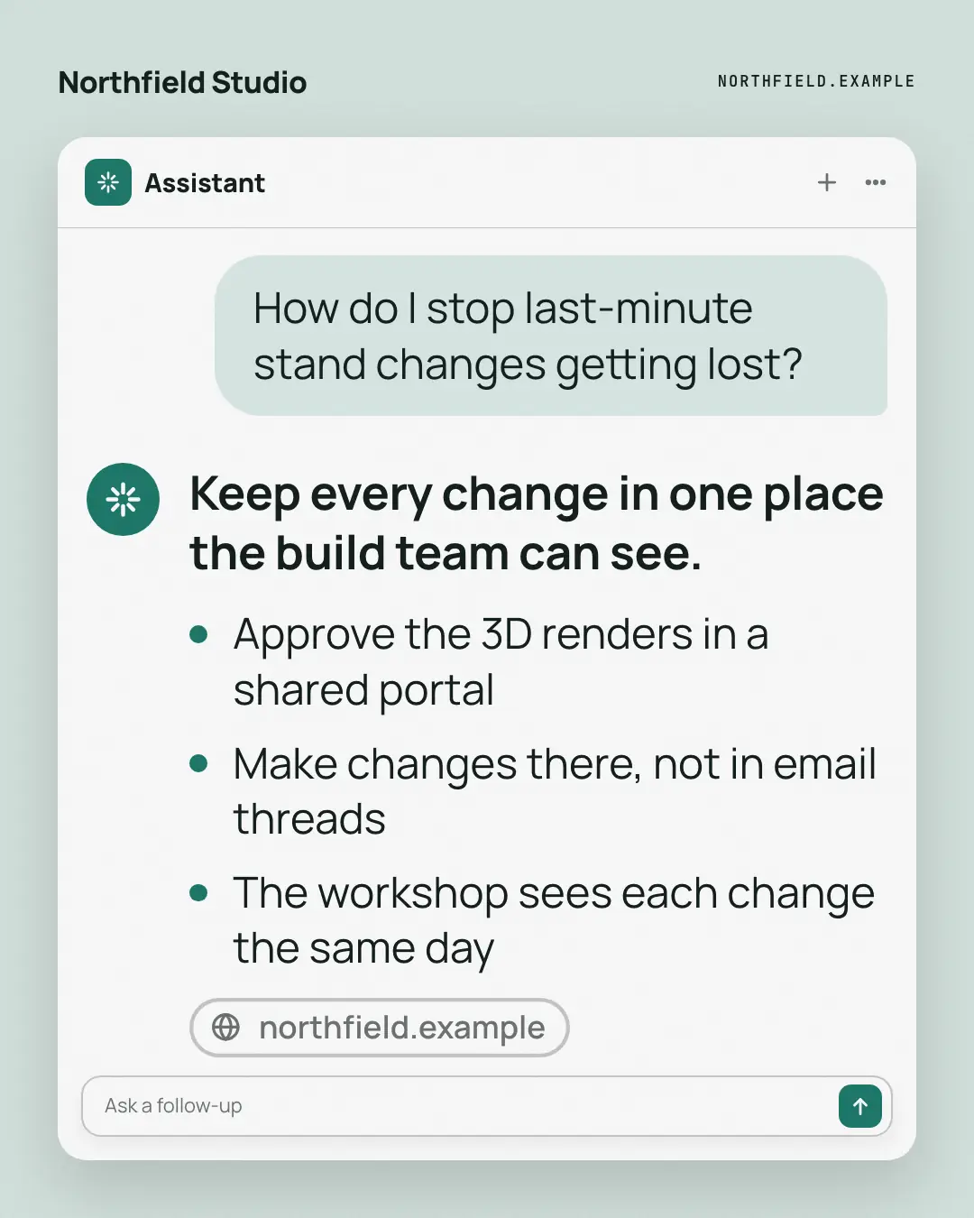 Sample Assistant answer creative (Messengers & calls template), shown on the fictional brand Northfield Studio