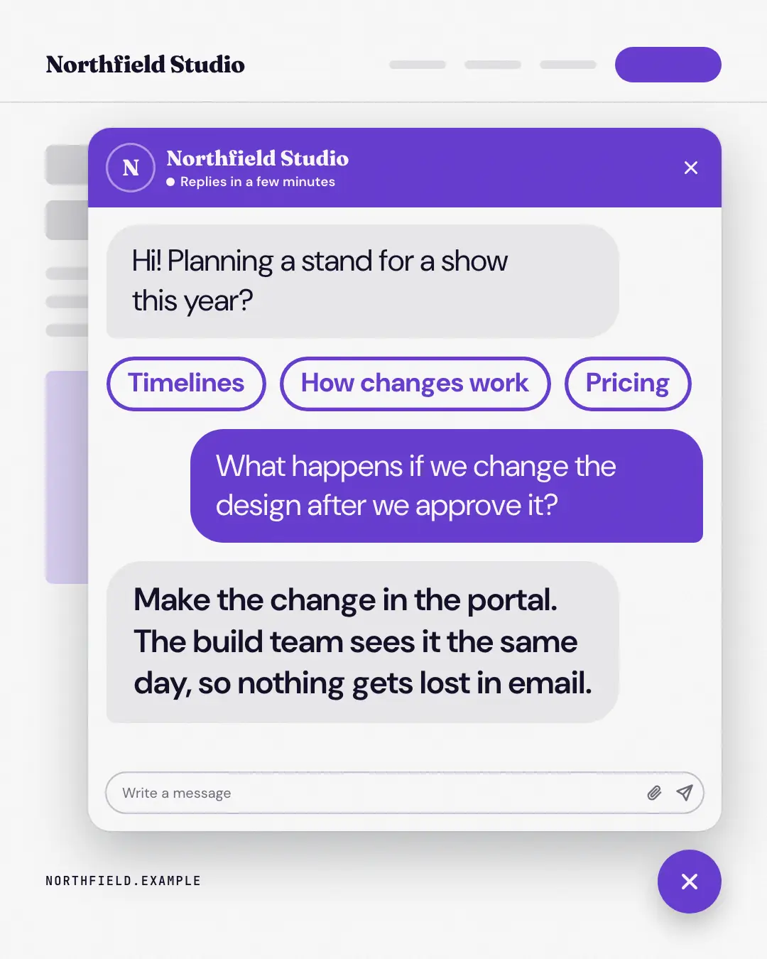 Sample Help widget creative (Messengers & calls template), shown on the fictional brand Northfield Studio