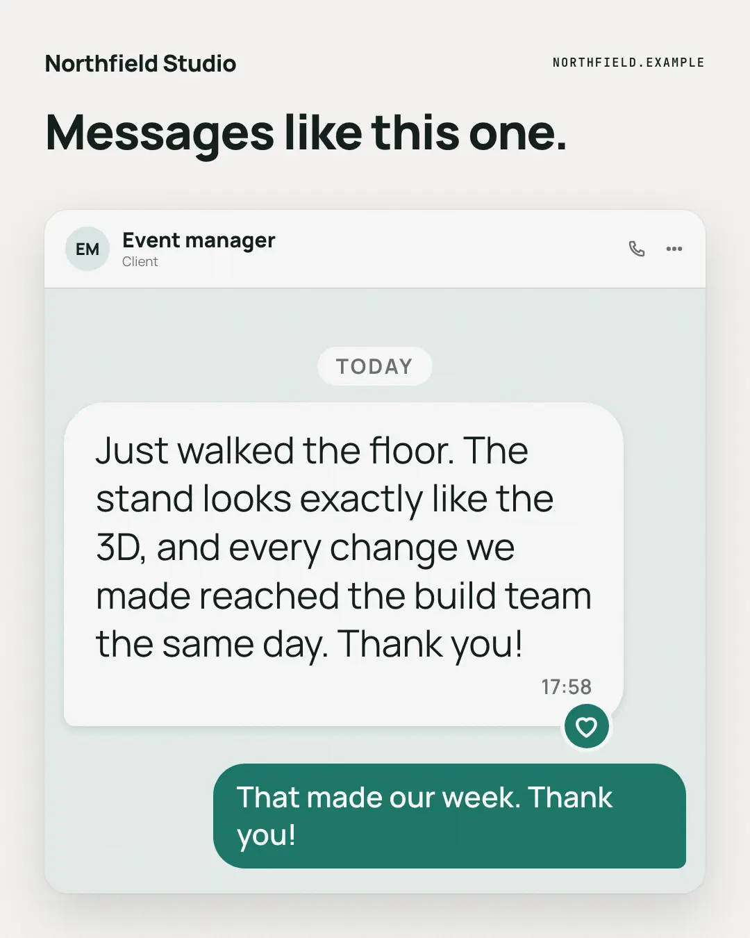 Sample Testimonial, as sent creative (Messengers & calls template), shown on the fictional brand Northfield Studio
