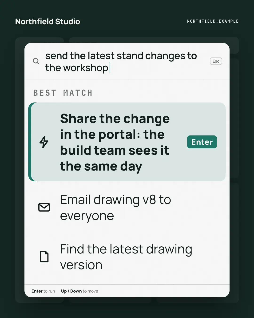 Sample Command palette creative (Work apps template), shown on the fictional brand Northfield Studio