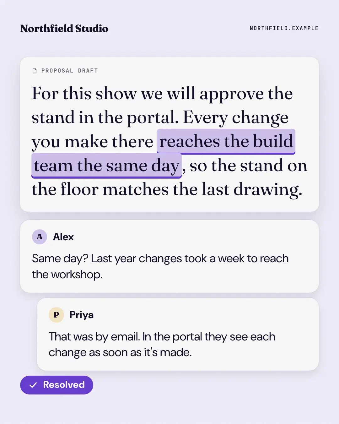 Sample Shared doc, resolved creative (Work apps template), shown on the fictional brand Northfield Studio