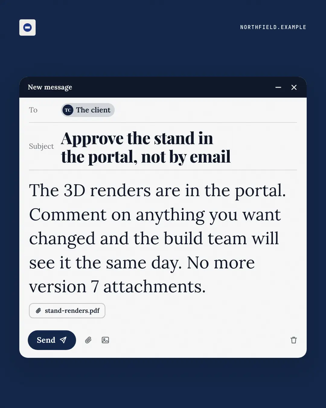 Sample Unsent email creative (Work apps template), shown on the fictional brand Northfield Studio
