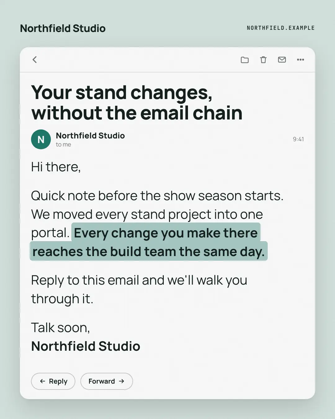 Sample Opened email creative (Work apps template), shown on the fictional brand Northfield Studio