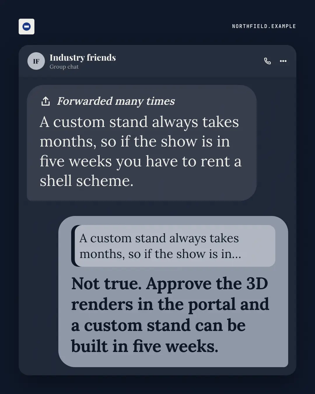 Sample Forwarded many times creative (Messengers & calls template), shown on the fictional brand Northfield Studio