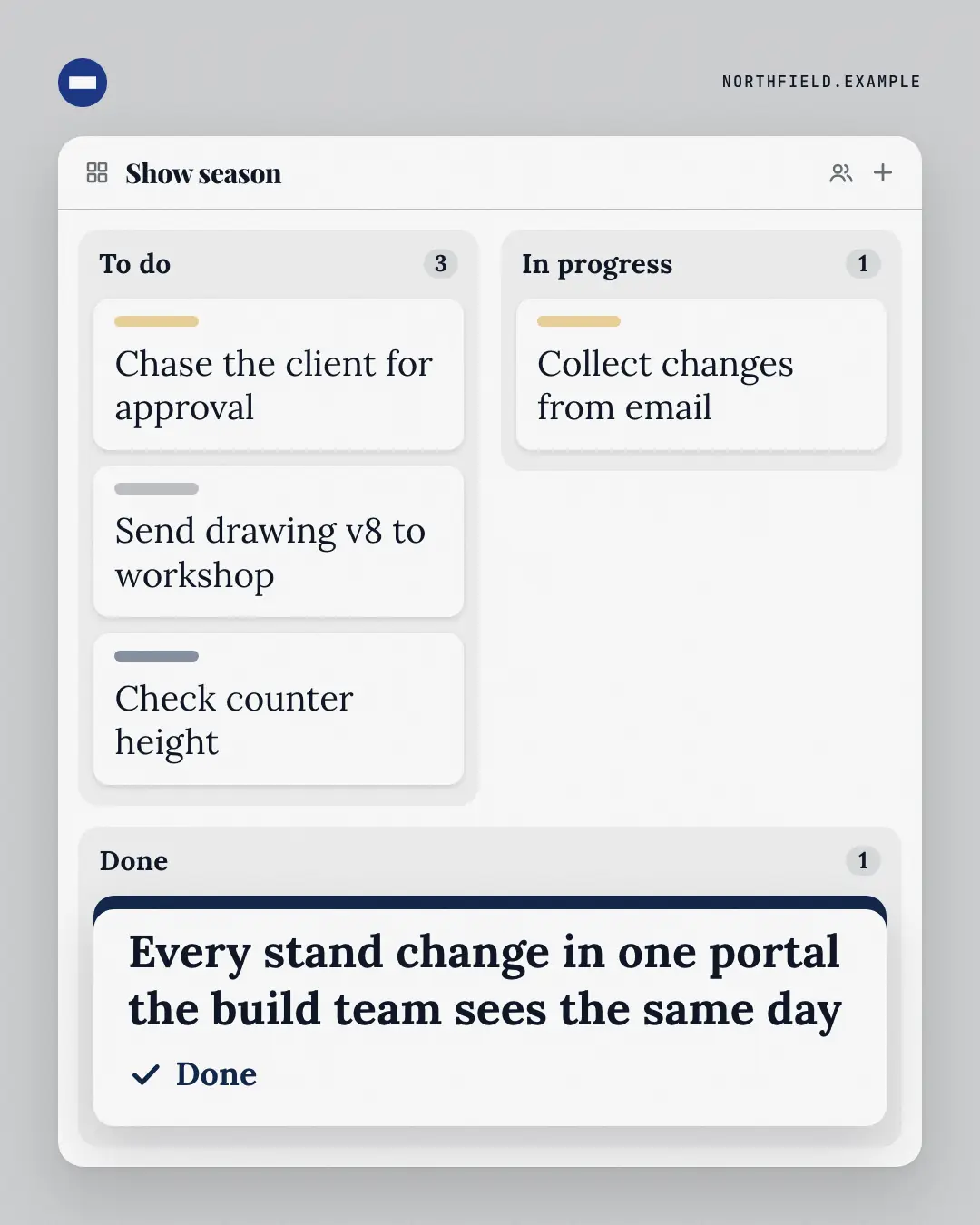 Sample Kanban board creative (Work apps template), shown on the fictional brand Northfield Studio