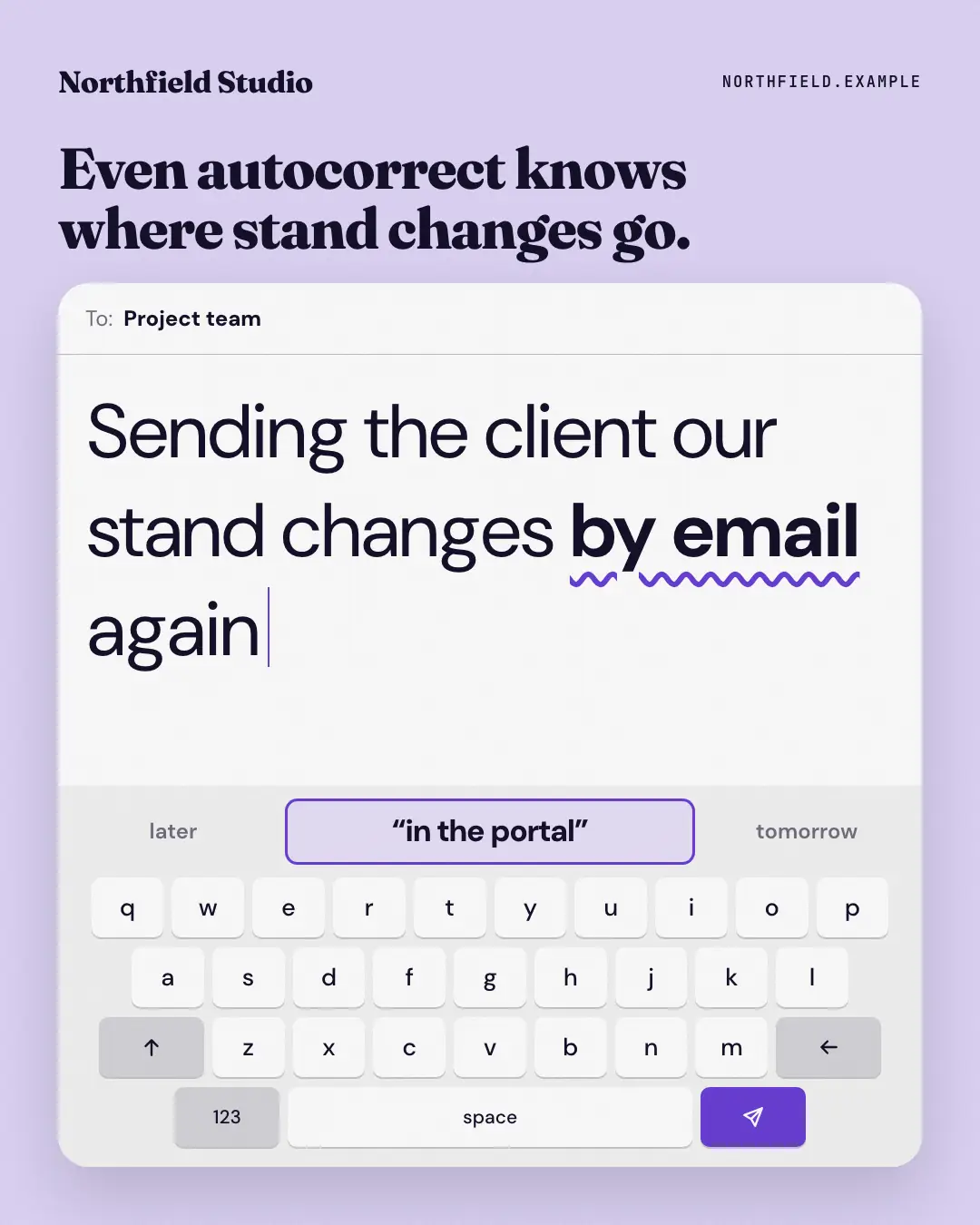 Sample Autocorrect knows creative (Messengers & calls template), shown on the fictional brand Northfield Studio