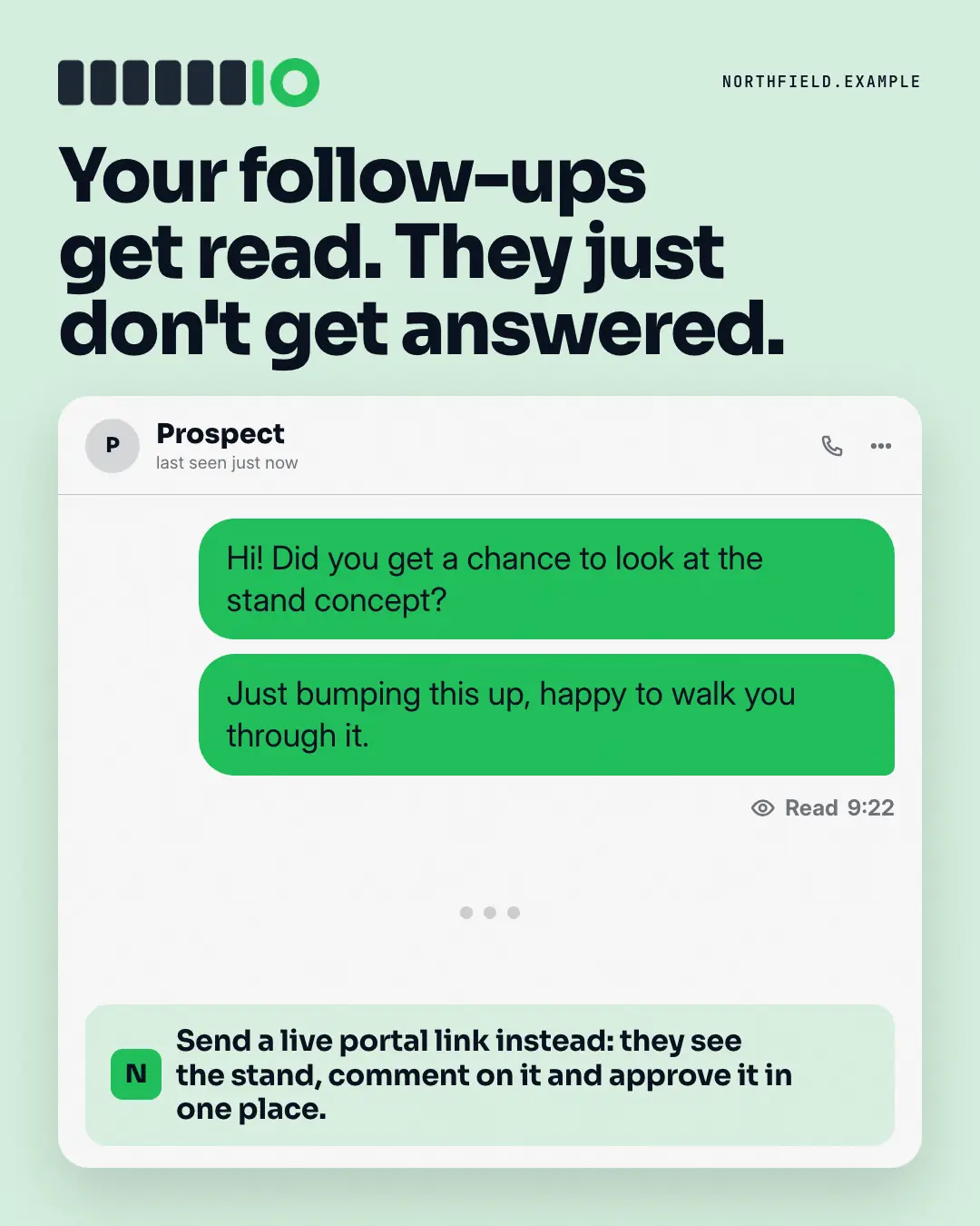 Sample Read, no reply creative (Messengers & calls template), shown on the fictional brand Northfield Studio