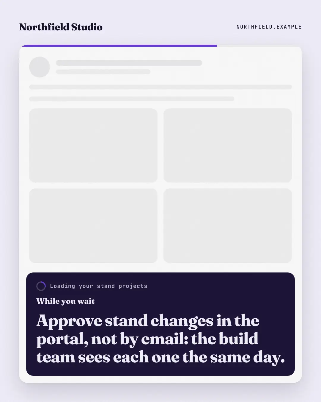 Sample While you wait creative (Apps people check template), shown on the fictional brand Northfield Studio