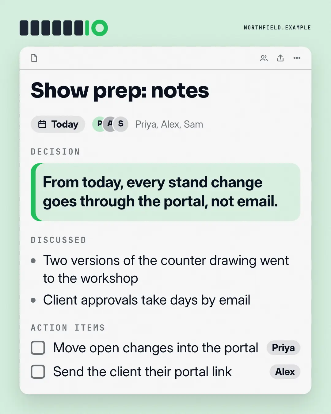 Sample Meeting notes creative (Work apps template), shown on the fictional brand Northfield Studio