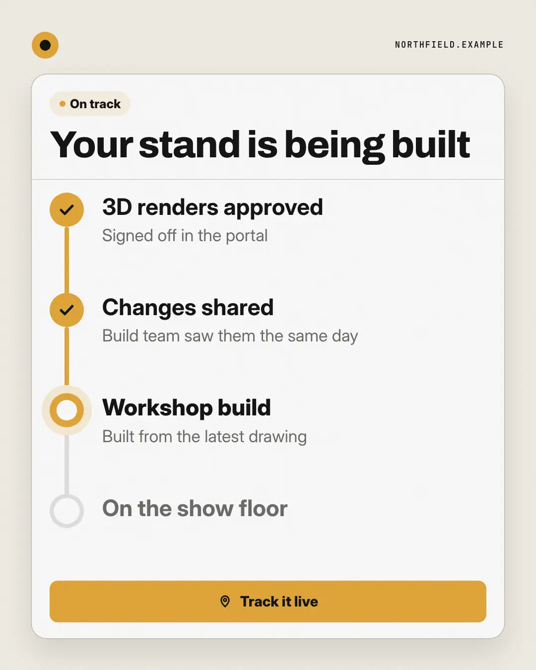 Sample Order tracker creative (Apps people check template), shown on the fictional brand Northfield Studio