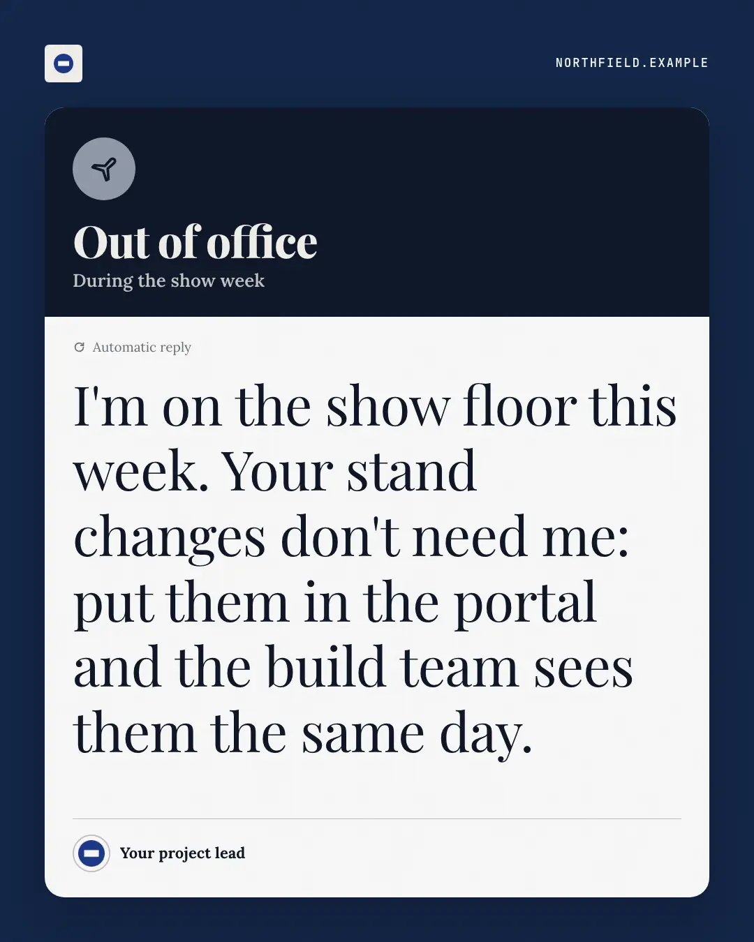Sample Out-of-office autoreply creative (Work apps template), shown on the fictional brand Northfield Studio