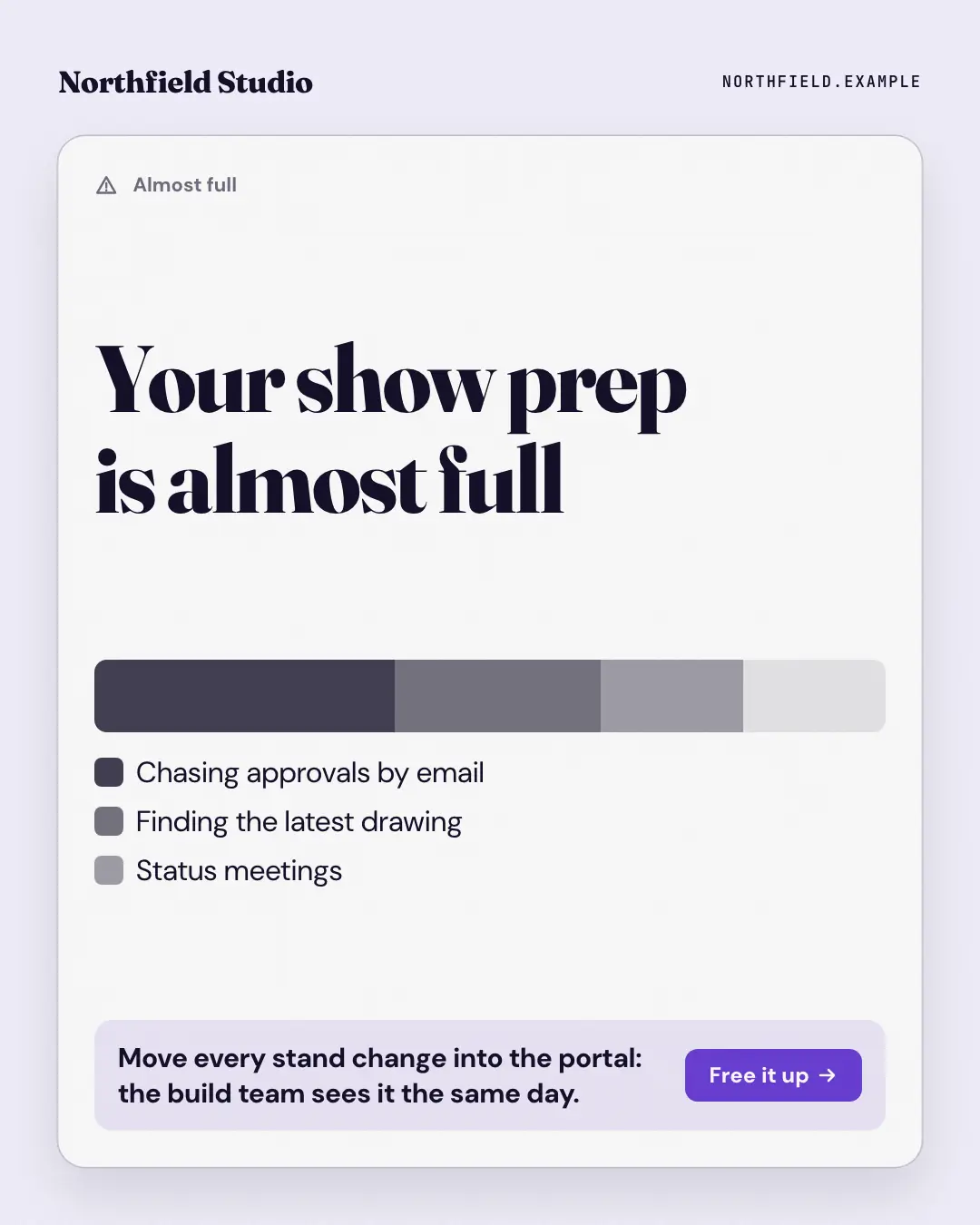 Sample Storage almost full creative (Apps people check template), shown on the fictional brand Northfield Studio