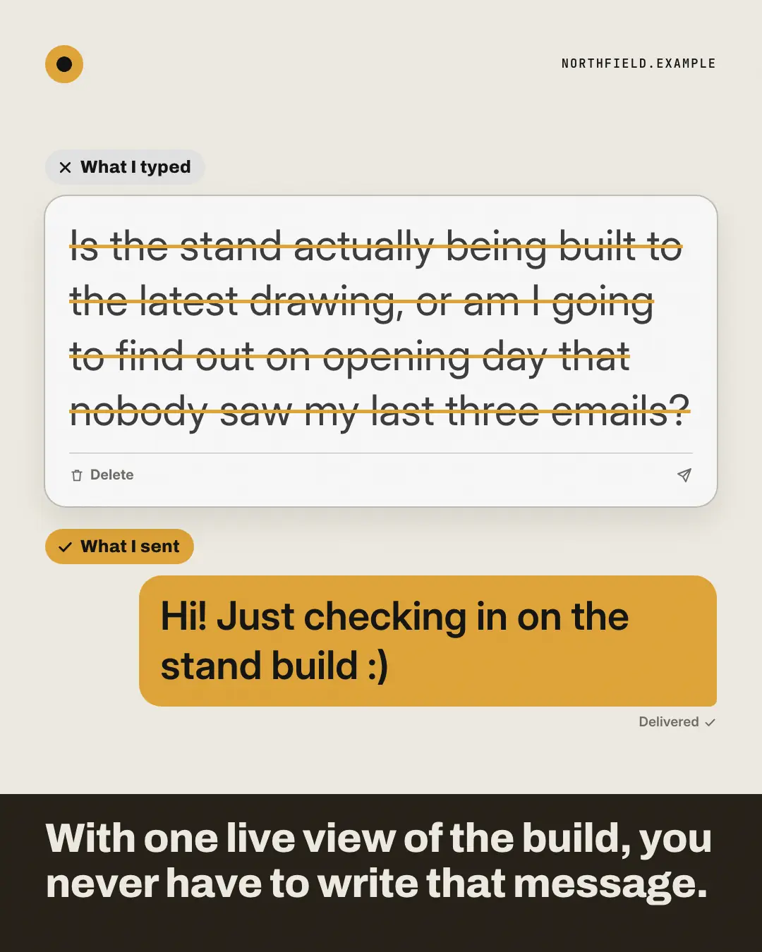 Sample Typed vs sent creative (Messengers & calls template), shown on the fictional brand Northfield Studio