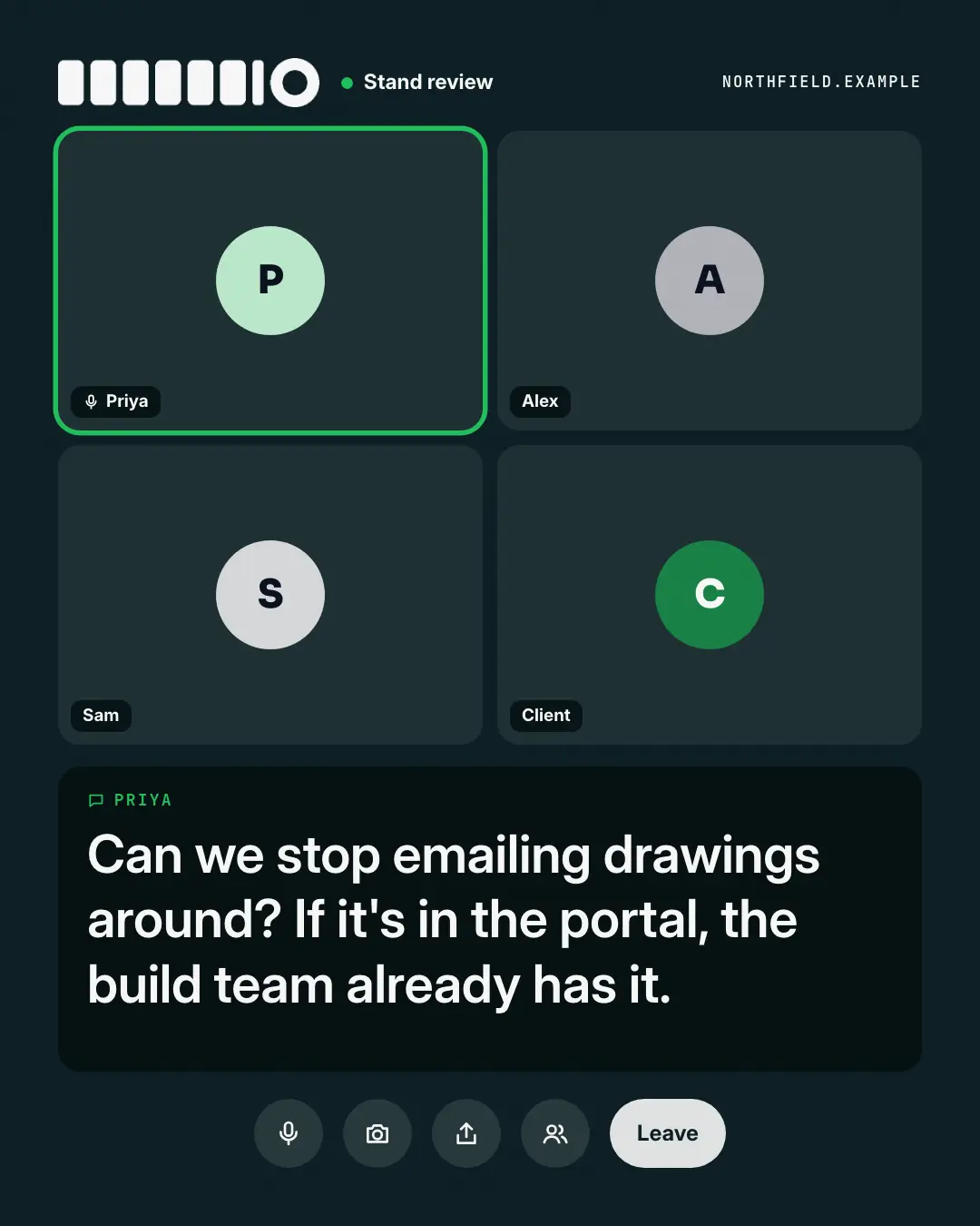 Sample Call with live captions creative (Messengers & calls template), shown on the fictional brand Northfield Studio