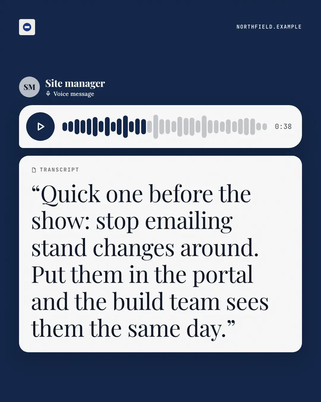 Sample Voice note + transcript creative (Messengers & calls template), shown on the fictional brand Northfield Studio