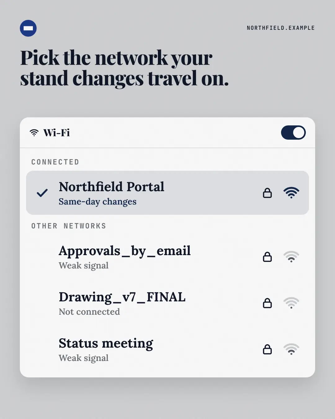 Sample WiFi picker creative (Apps people check template), shown on the fictional brand Northfield Studio