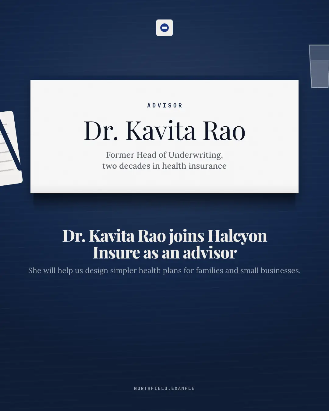 Sample Boardroom card creative (People at work template), shown on the fictional brand Northfield Studio