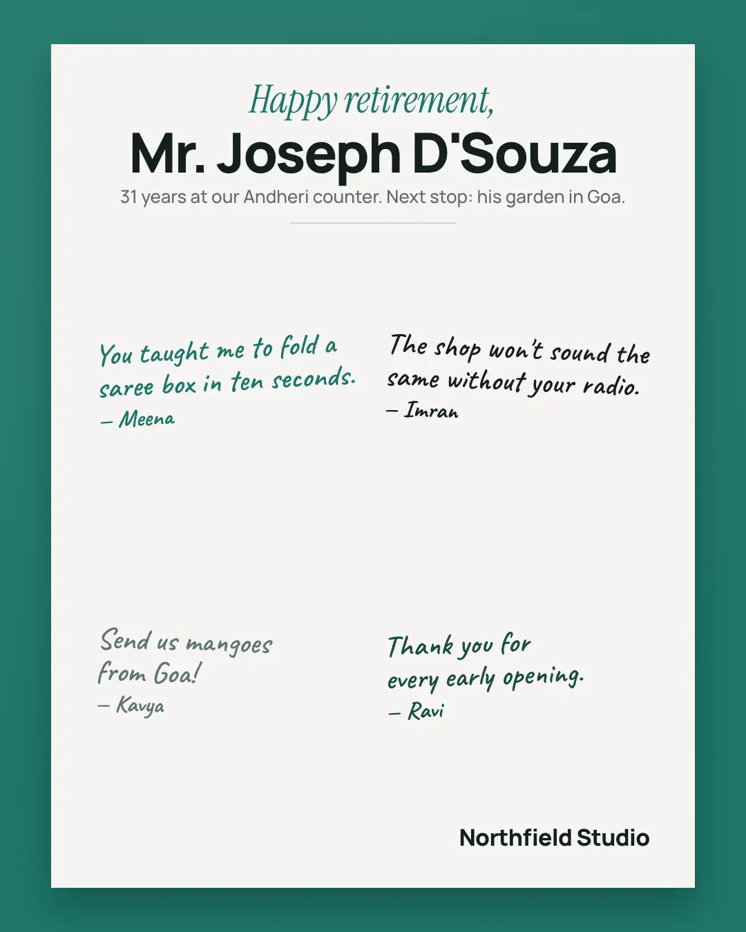 Sample Farewell card creative (People at work template), shown on the fictional brand Northfield Studio
