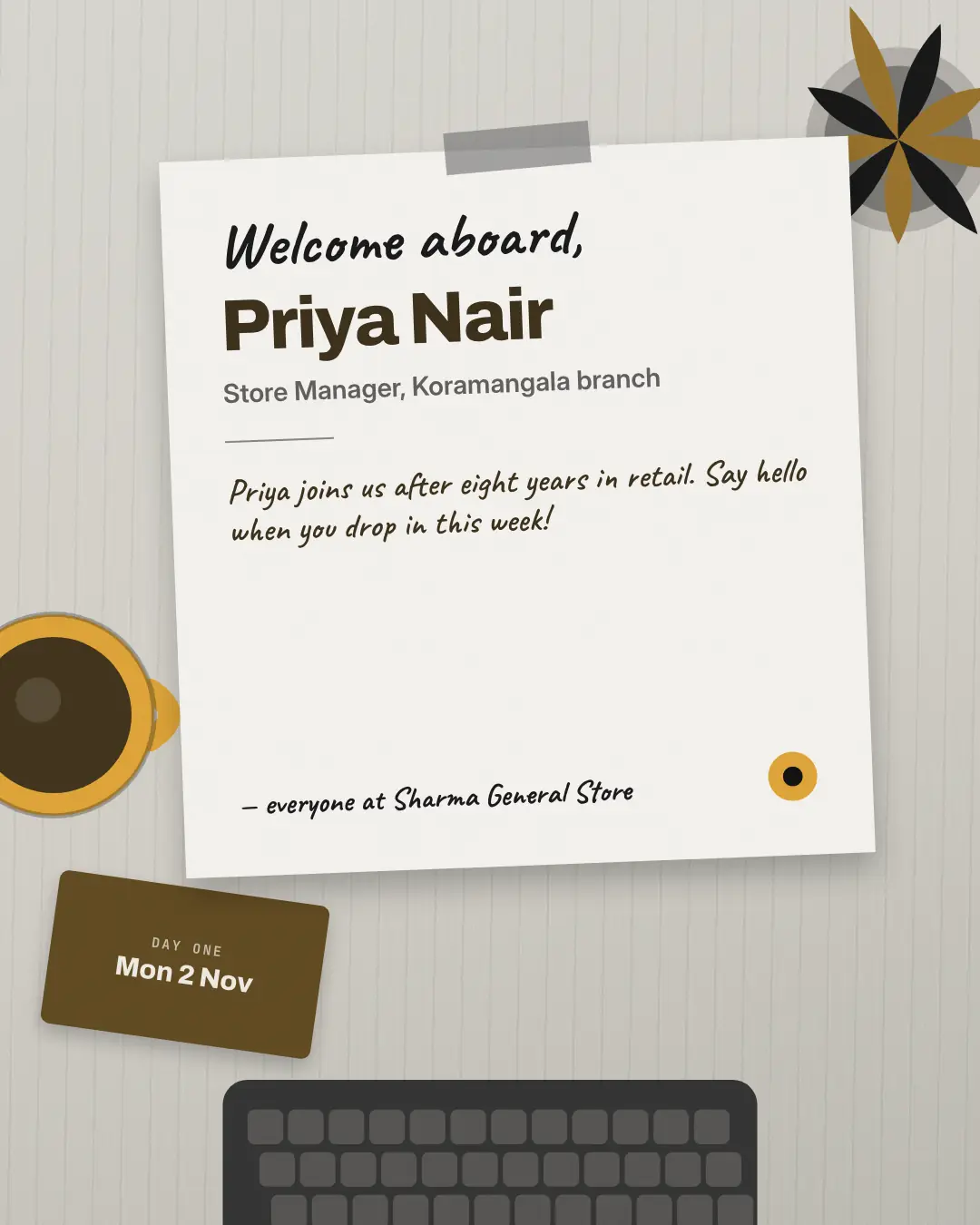 Sample First day aboard creative (People at work template), shown on the fictional brand Northfield Studio