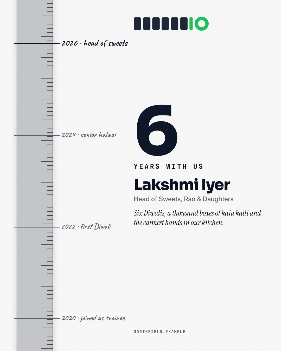 Sample Years-with-us ruler creative (People at work template), shown on the fictional brand Northfield Studio